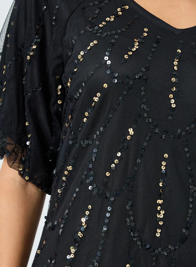 Styli Women Black Embellished Mesh Maxi Dress